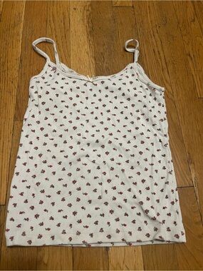 BRANDY MELVILLE White Floral Ribbed Cami with Tiny Red Roses